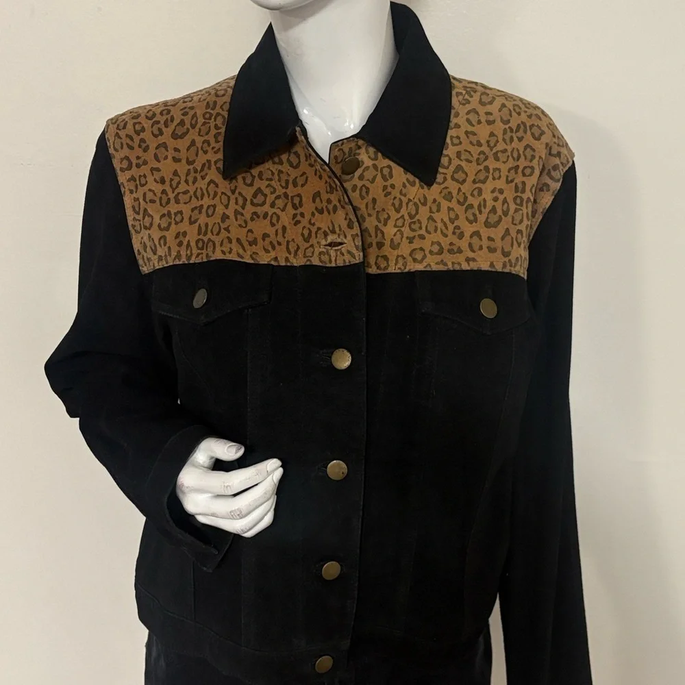 Vintage Margaret Godfrey Black Suede Leather Jacket w Leopard Print Details